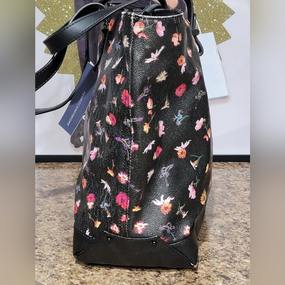 Rebecca Minkoff Cherish Black Floral Coated Canvas Large Shoulder Bag Tote Purse - Picture 6 of 16
